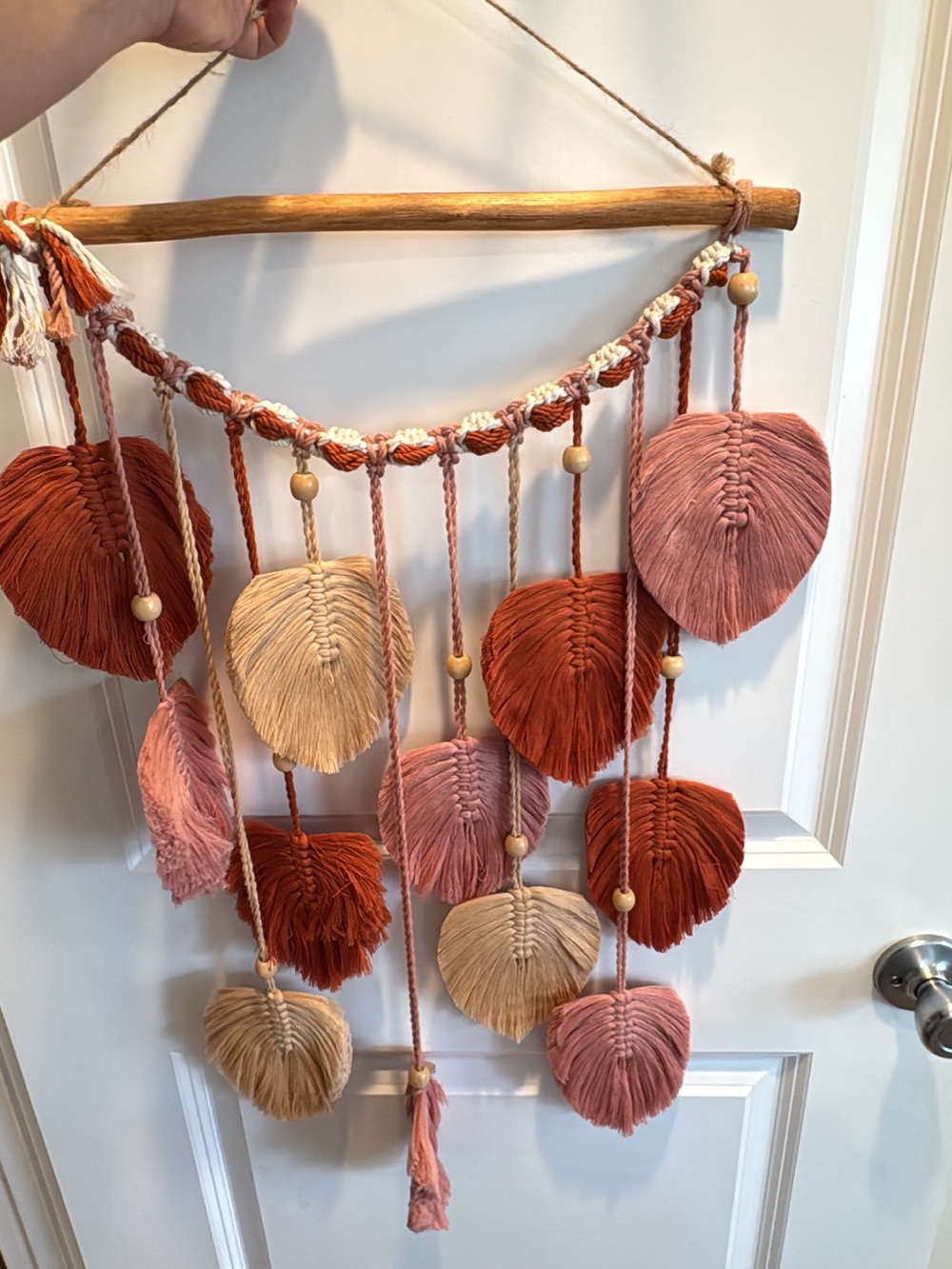 Boho Macrame Leaf Wall Hanging in Blush, Terracotta & Cream for nursery